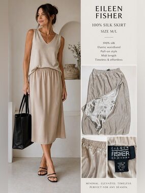 Eileen Fisher Silk Skirt Beige Elastic Waist Midi Slip Skirt Size M/L